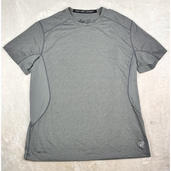 Nike Men's 2XL Gray Polyester T-Shirt Pro Combat Fitted Dri Fit Short Sleeve - Picture 1 of 8